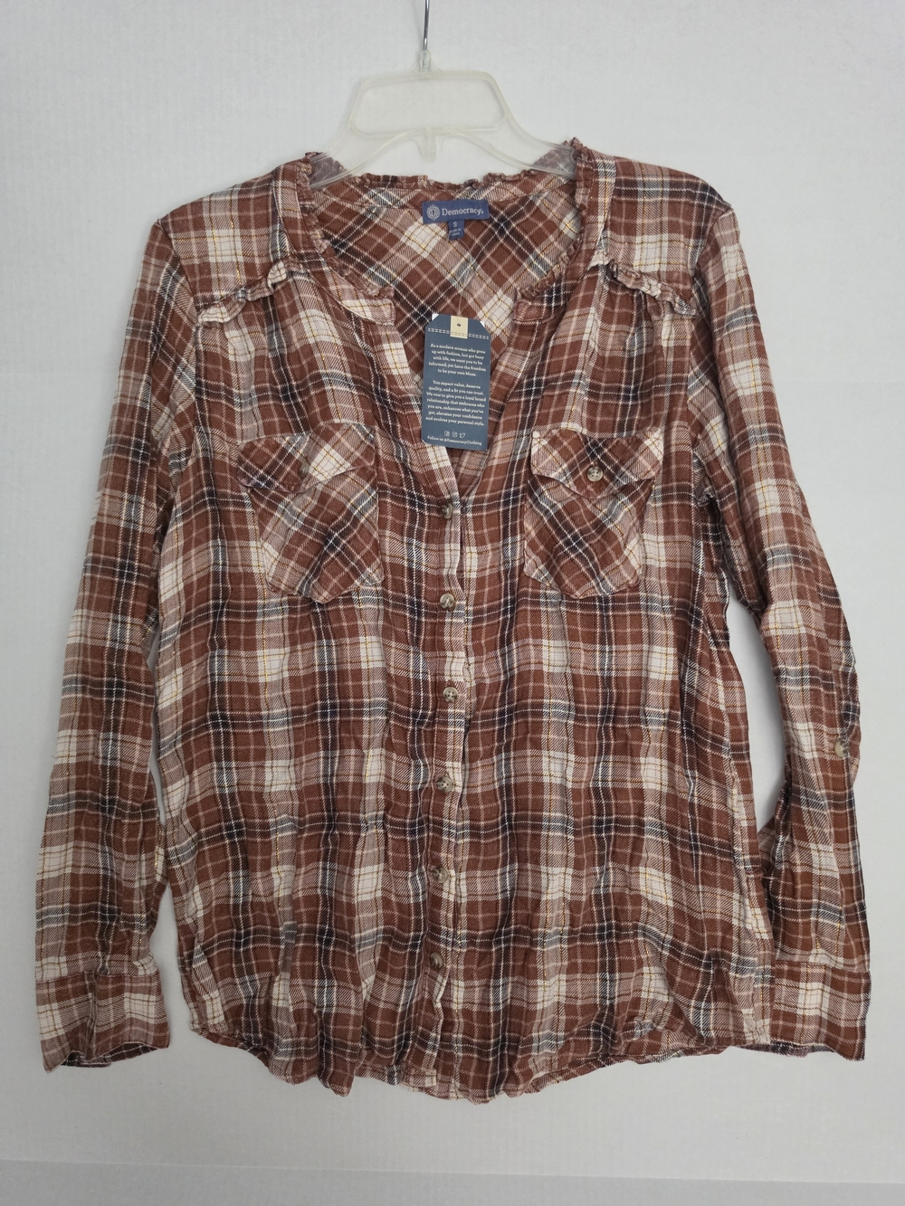 Democracy Brown Plaid Button Up Shirt Metallic Lurex Thread Long Sleeve Blouse